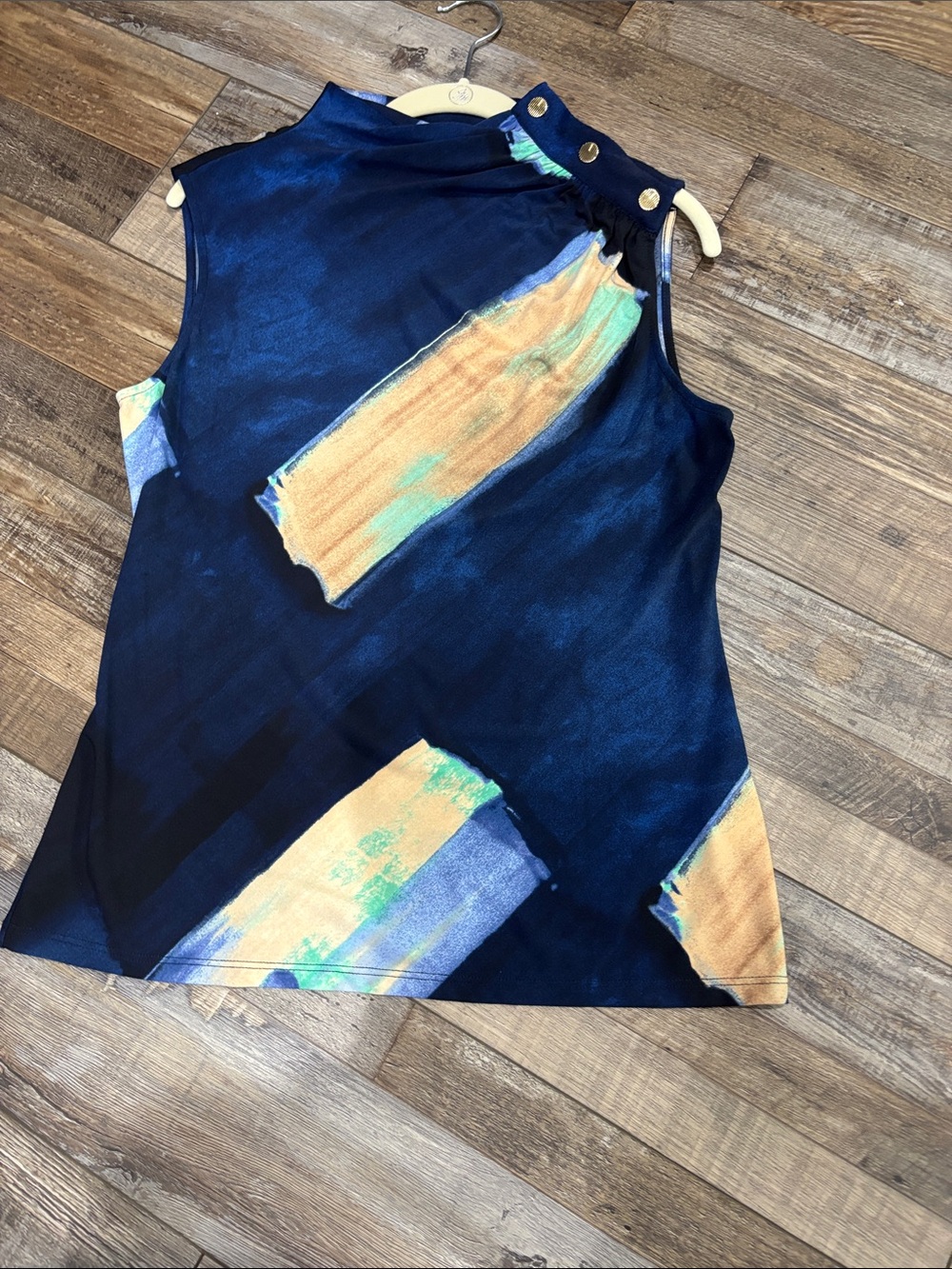 DKNY Navy Sleeveless Mock Neck Top with Tan and Aqua Brushstrokes